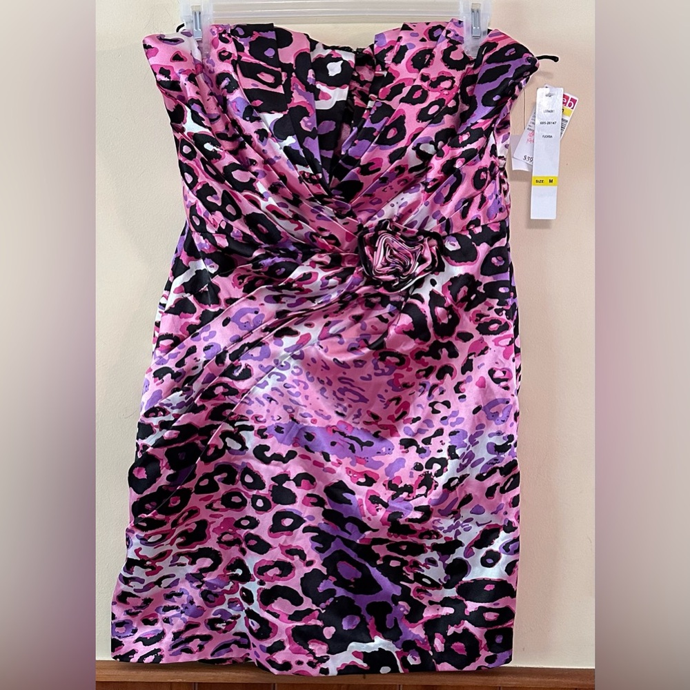 Never worn pink leopard print strapless mini dress